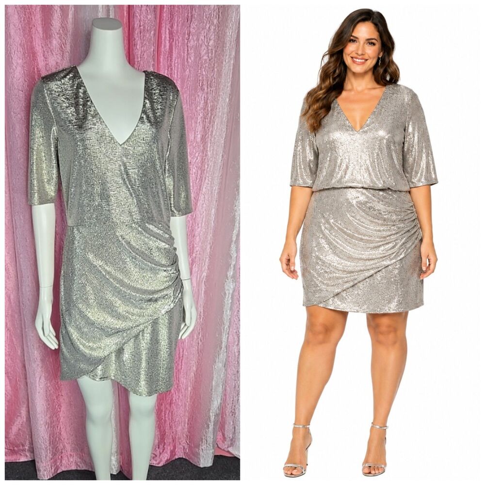 Alice + Olivia Silver Gold Ruched Textured Party Cocktail Dress Size 14